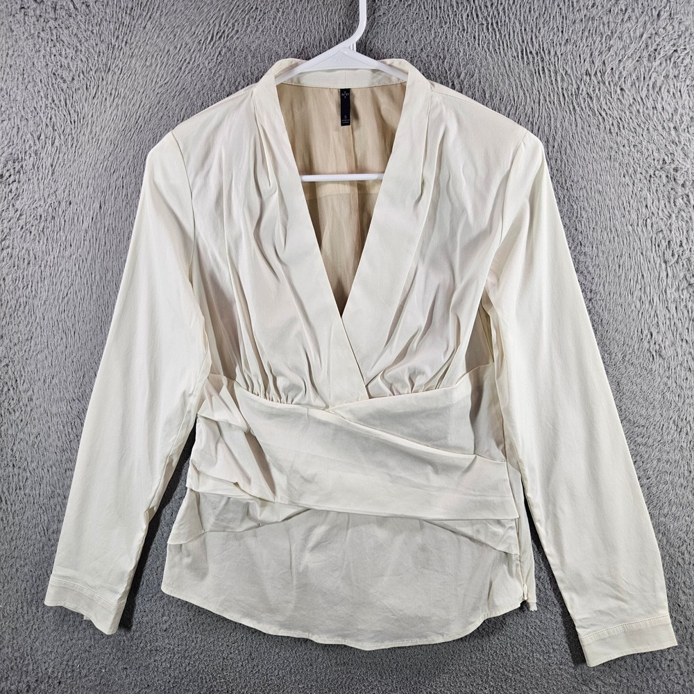 NYDJ Womens Ivory Wrap Front V-Neck Blouse Long Sleeve Cotton Blend Size‎ S